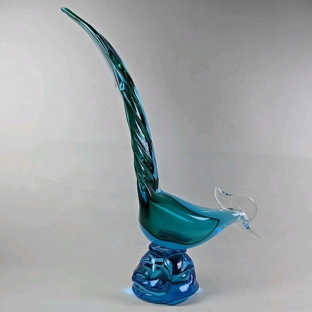 Vintage MCM 13" Murano Art Glass Teal Green Blue Pheasant Roadrunner Gift